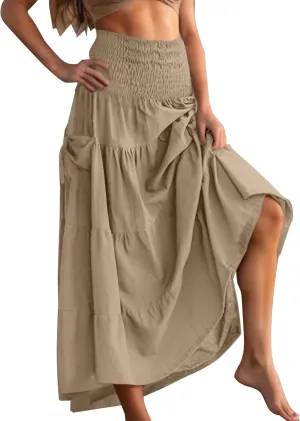 Midi Skirts for Women Pleated Tiered Long Flowy Skirt Elastic Waist Summer Boho Casual Loose Layered Ruffle Skirt