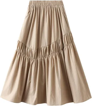 Midi Skirts for Women, Ruffle Pleated Elastic Waist Knee Length Solid Color Skirt Trendy Casual Loose Cute Skirt