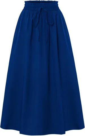 Midi Skirts for Women Trendy Casual Summer Lightweight Linen Skirt Drawstring High Waisted Flowy Skirt with Pockets