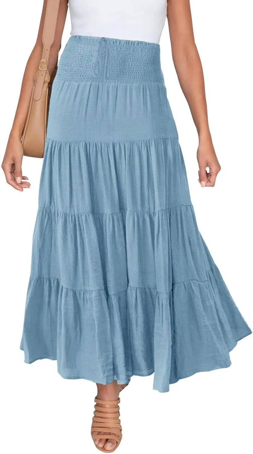 Midi Skirts Womens Boho Elastic High Waist Pleated A-Line Flowy Swing Asymmetric Tiered Maxi Long Skirt Dress