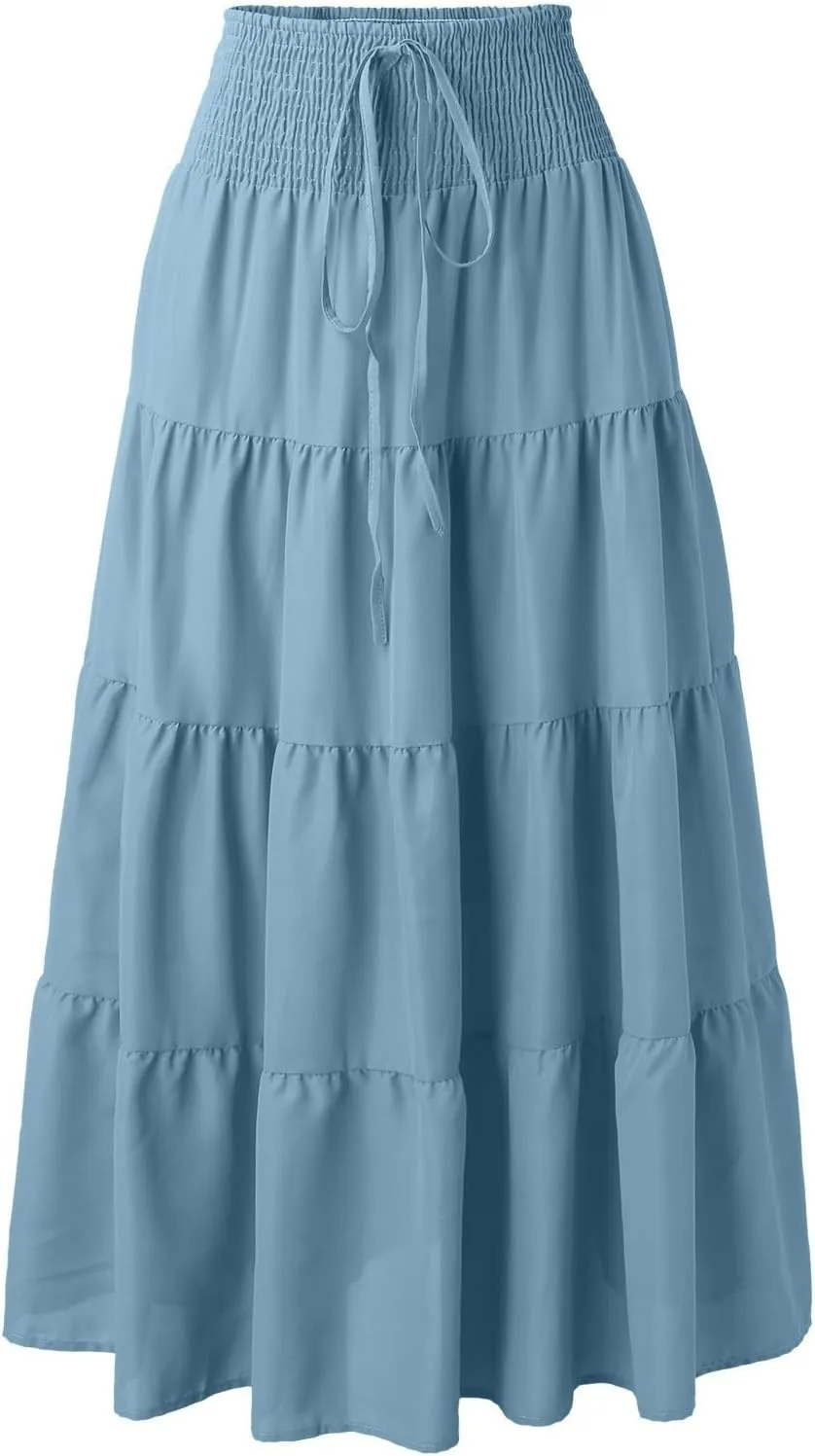 Midi Skirts Womens Boho Elastic High Waist Pleated A-Line Flowy Swing Asymmetric Tiered Maxi Long Skirt Dress