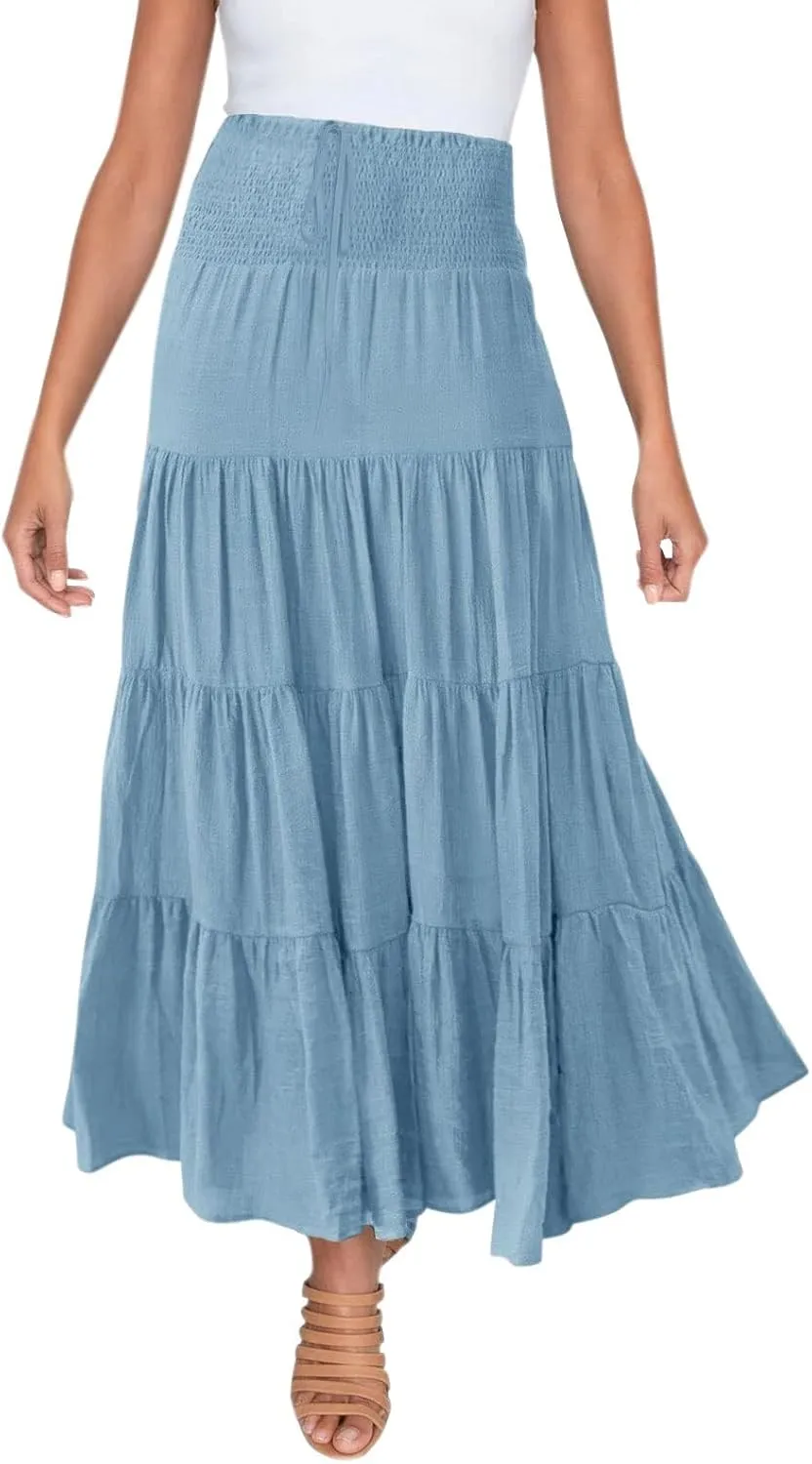 Midi Skirts Womens Boho Elastic High Waist Pleated A-Line Flowy Swing Asymmetric Tiered Maxi Long Skirt Dress