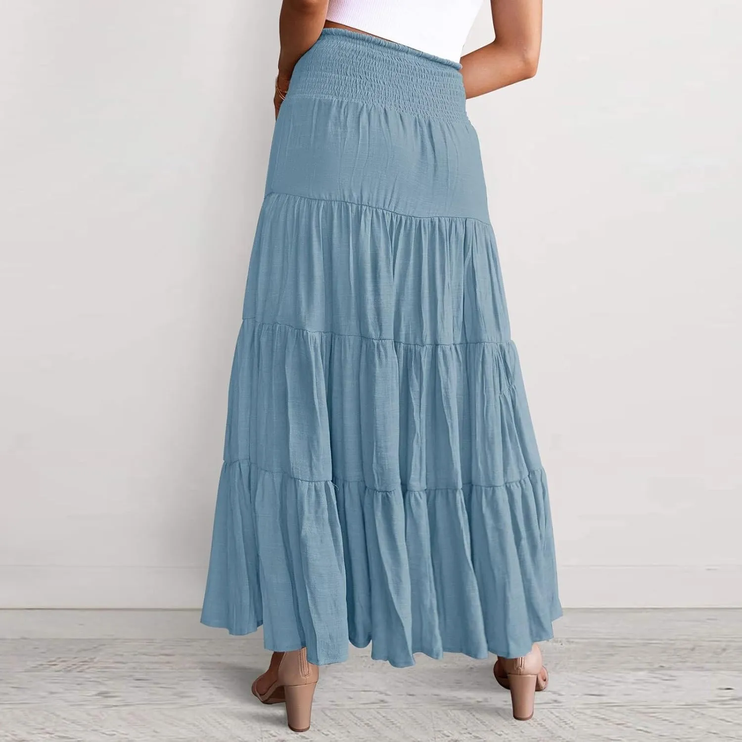 Midi Skirts Womens Boho Elastic High Waist Pleated A-Line Flowy Swing Asymmetric Tiered Maxi Long Skirt Dress