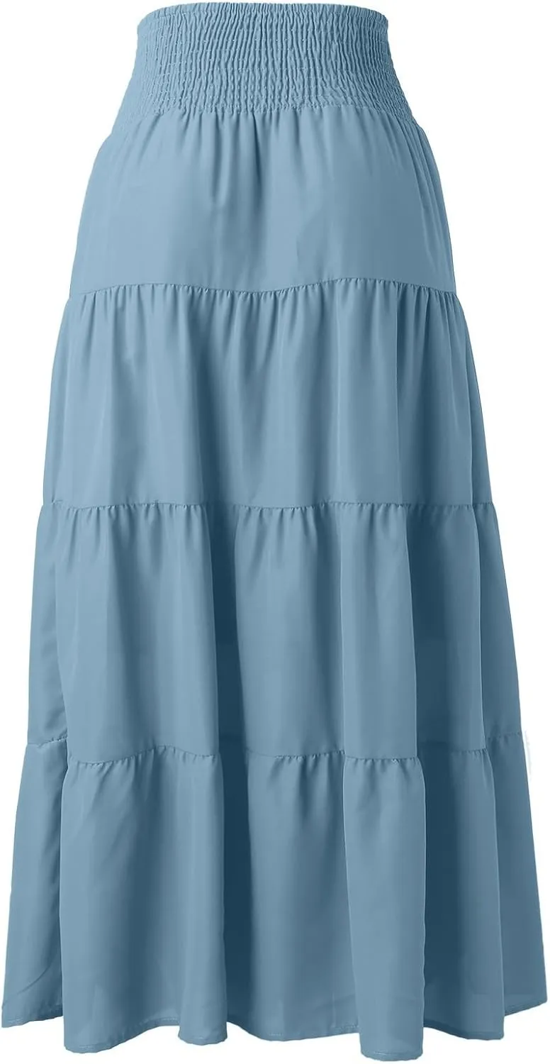 Midi Skirts Womens Boho Elastic High Waist Pleated A-Line Flowy Swing Asymmetric Tiered Maxi Long Skirt Dress