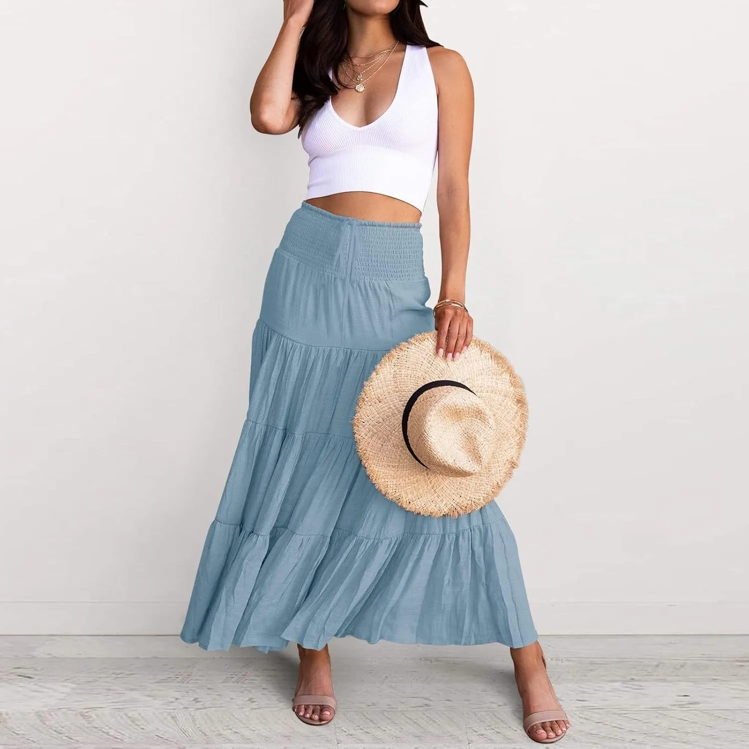 Midi Skirts Womens Boho Elastic High Waist Pleated A-Line Flowy Swing Asymmetric Tiered Maxi Long Skirt Dress