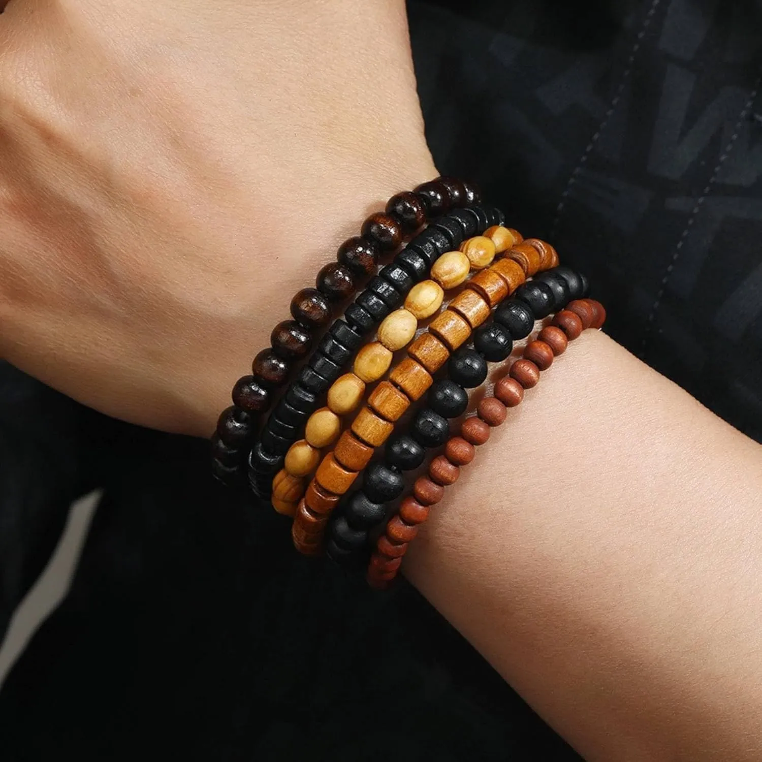 MILAKOO Mens Beaded Bracelets Tribal Wooden Elastic Adjustable Prayer Beads Wrap Cuff for Women