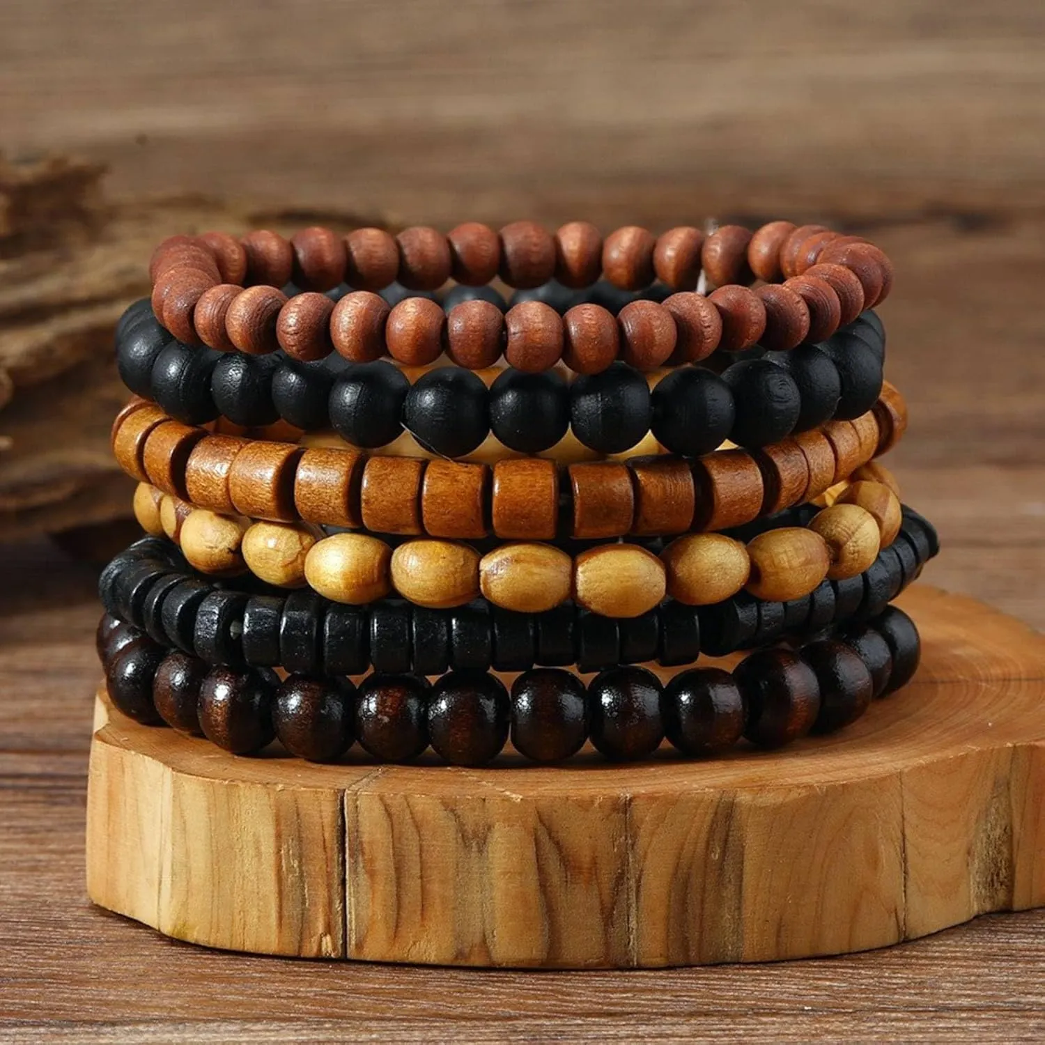 MILAKOO Mens Beaded Bracelets Tribal Wooden Elastic Adjustable Prayer Beads Wrap Cuff for Women