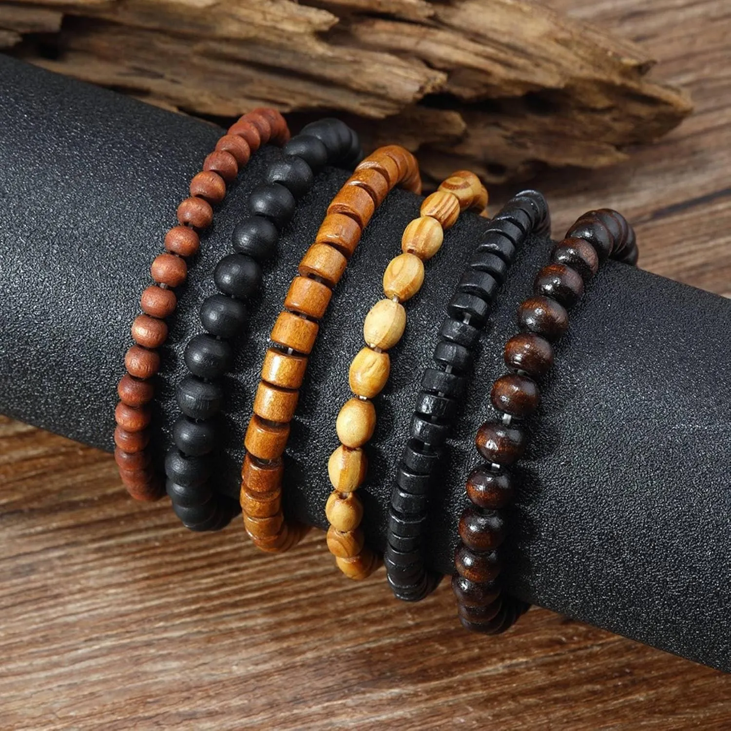 MILAKOO Mens Beaded Bracelets Tribal Wooden Elastic Adjustable Prayer Beads Wrap Cuff for Women
