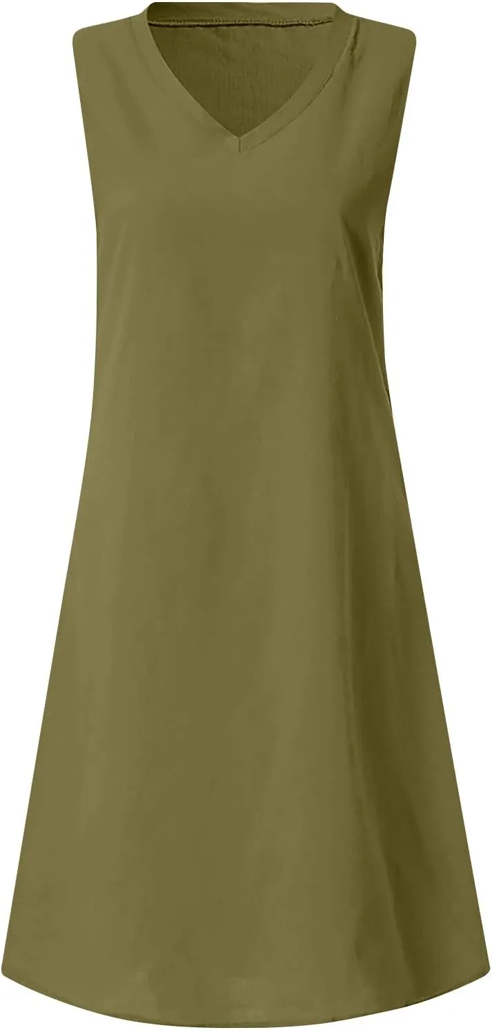 Mini Dresses for Women 2025 Summer Plus Size Sleeveless V Neck Mini Dress Casual Loose Cotton Linen Beach Sundress
