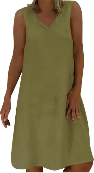 Mini Dresses for Women 2025 Summer Plus Size Sleeveless V Neck Mini Dress Casual Loose Cotton Linen Beach Sundress