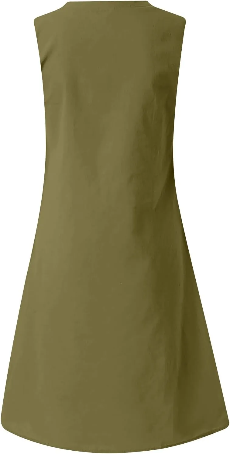 Mini Dresses for Women 2025 Summer Plus Size Sleeveless V Neck Mini Dress Casual Loose Cotton Linen Beach Sundress