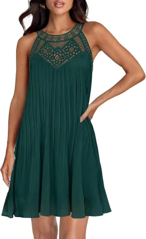 Mini Dresses for Women Summer Round Neck Sleeveless Tank Dress Trendy Loose Hollow Out Pleated Hem Beach Sundress
