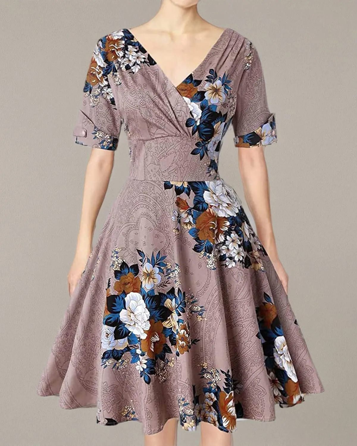 MINTLIMIT Women's 1950s Vintage Wrap V Neck Half Sleeve Retro Cocktail Swing Dress Plain A-line Dresses