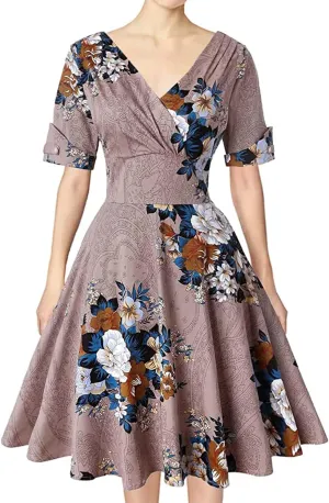 MINTLIMIT Women's 1950s Vintage Wrap V Neck Half Sleeve Retro Cocktail Swing Dress Plain A-line Dresses