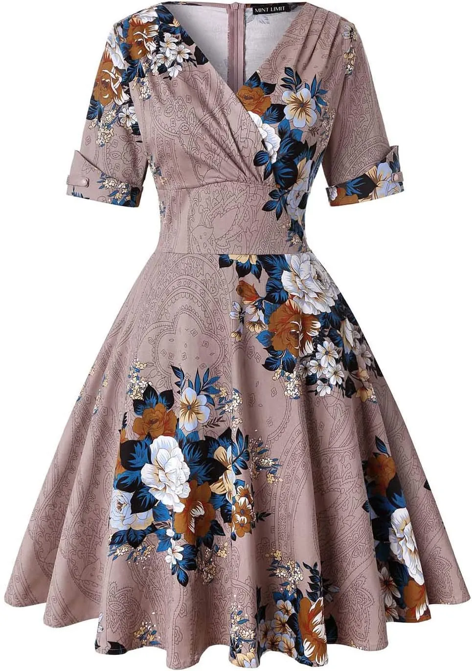 MINTLIMIT Women's 1950s Vintage Wrap V Neck Half Sleeve Retro Cocktail Swing Dress Plain A-line Dresses
