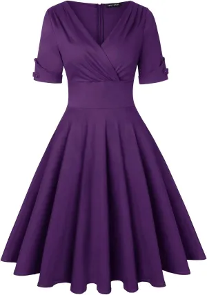 MINTLIMIT Women's 1950s Vintage Wrap V Neck Half Sleeve Retro Cocktail Swing Dress Plain A-line Dresses