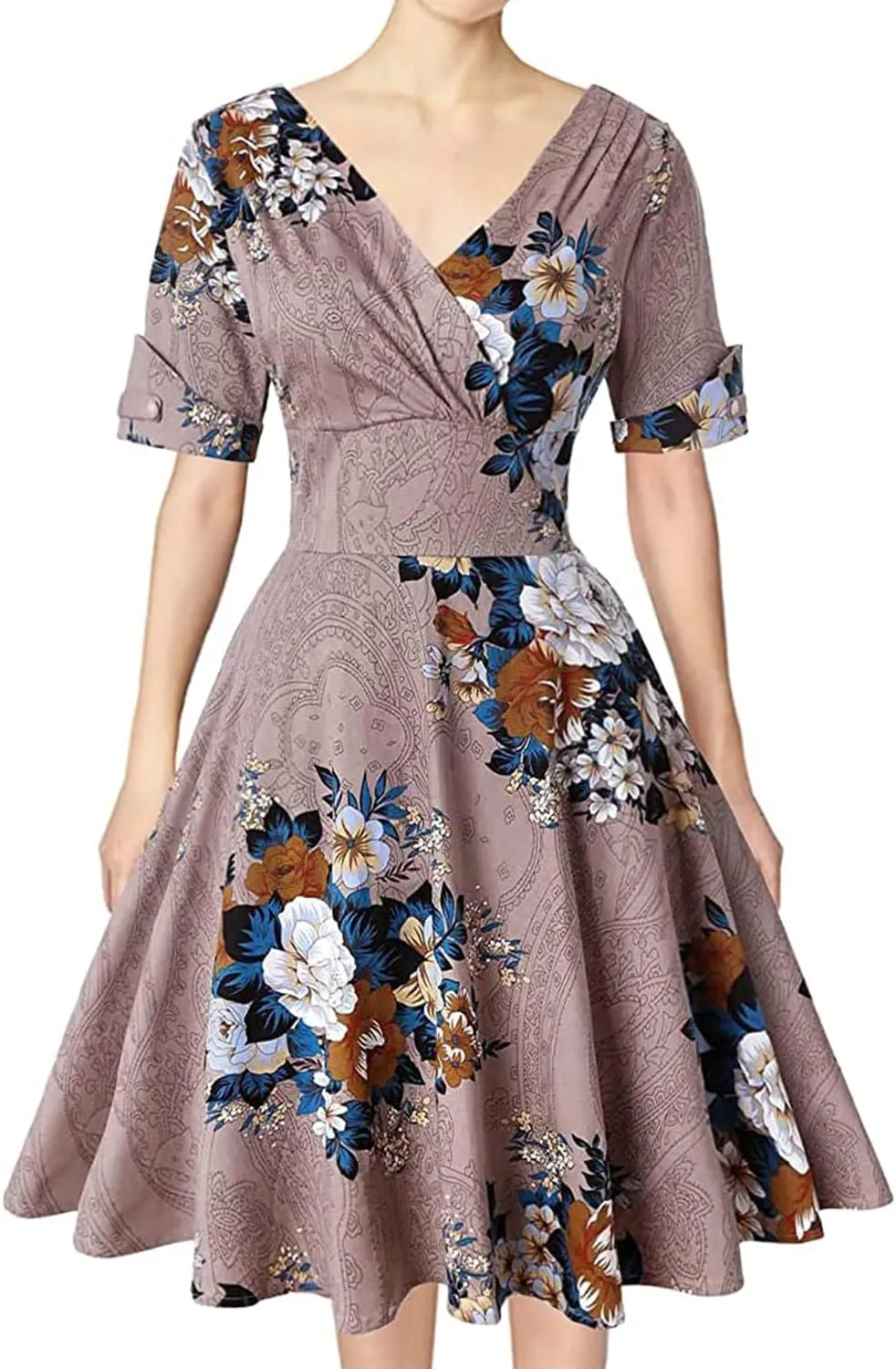 MINTLIMIT Women's 1950s Vintage Wrap V Neck Half Sleeve Retro Cocktail Swing Dress Plain A-line Dresses