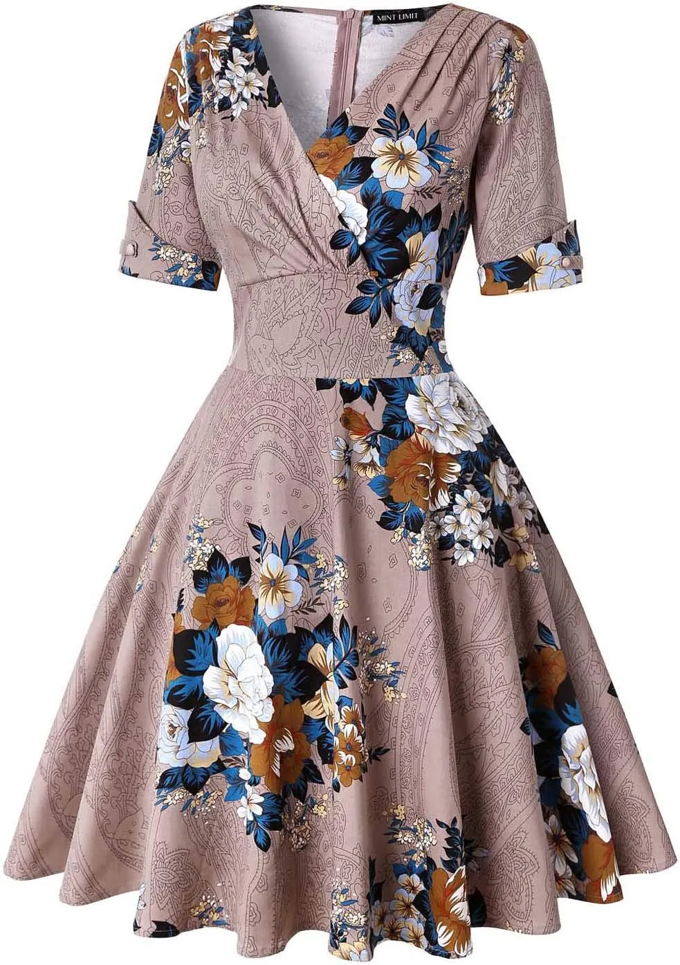 MINTLIMIT Women's 1950s Vintage Wrap V Neck Half Sleeve Retro Cocktail Swing Dress Plain A-line Dresses