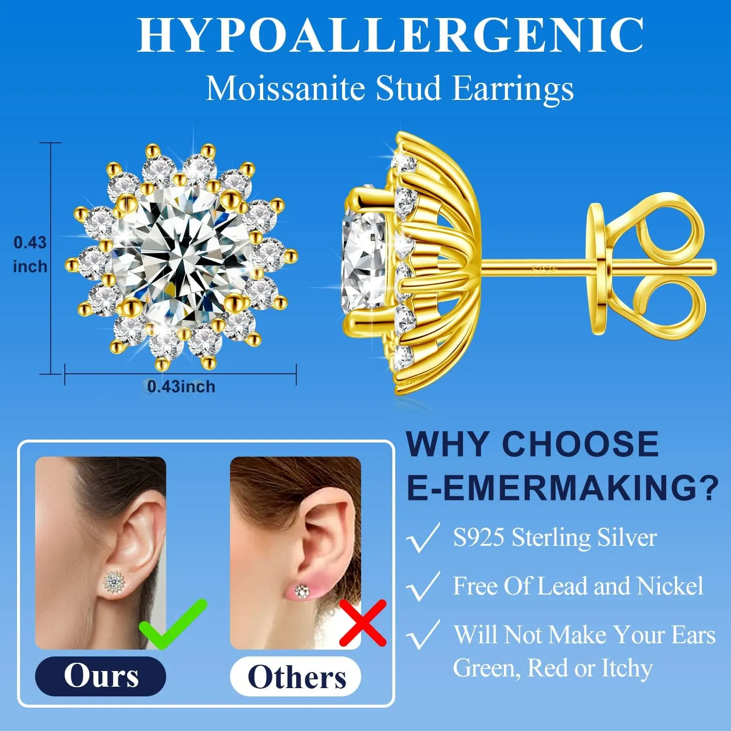 Moissanite Stud Earrings 0.2CT-8.0CT 18K Yellow Gold Plated D Color VVS1 Clarity Brilliant Round Cut S925 Sterling Silver Hypoallergenic Anniversary Day Gifts for Women Men