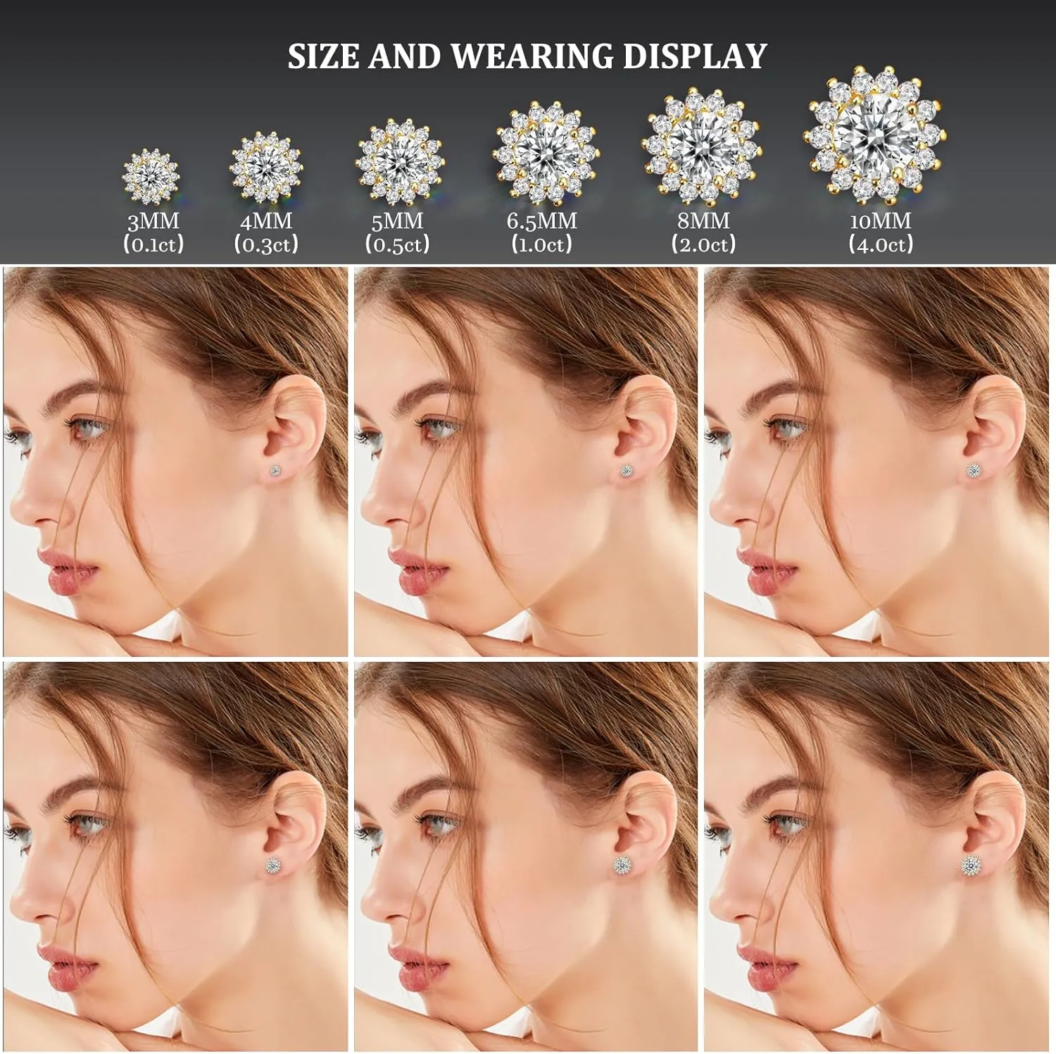 Moissanite Stud Earrings 0.2CT-8.0CT 18K Yellow Gold Plated D Color VVS1 Clarity Brilliant Round Cut S925 Sterling Silver Hypoallergenic Anniversary Day Gifts for Women Men