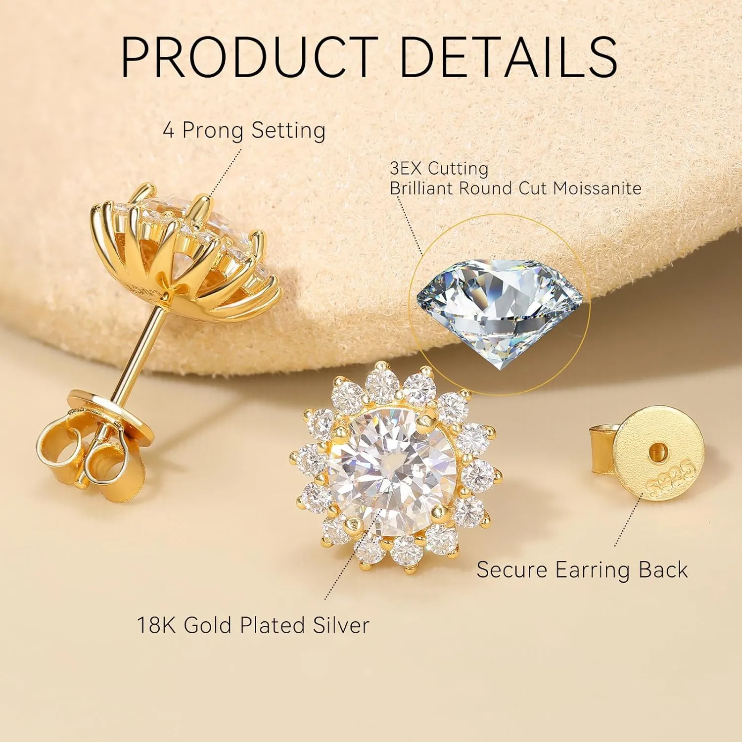 Moissanite Stud Earrings 0.2CT-8.0CT 18K Yellow Gold Plated D Color VVS1 Clarity Brilliant Round Cut S925 Sterling Silver Hypoallergenic Anniversary Day Gifts for Women Men