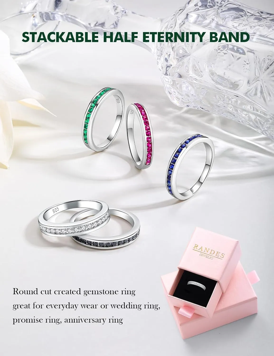 Moissanite Wedding Bands 925 Sterling Silver Half Eternity Band Rings for Women Men Sapphire/Emerald/Ruby/Diamond Cz Stackable Promise Anniversary Ring Size 6 to 10
