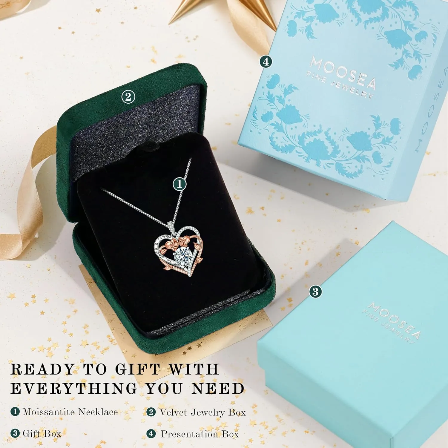 MOOSEA Gifts for Wife Mom - S925 Sterling Silver 1-3 ct D Color VVS1 Clarity Moissanite Necklace, Anniversary Birthday Gift for Her