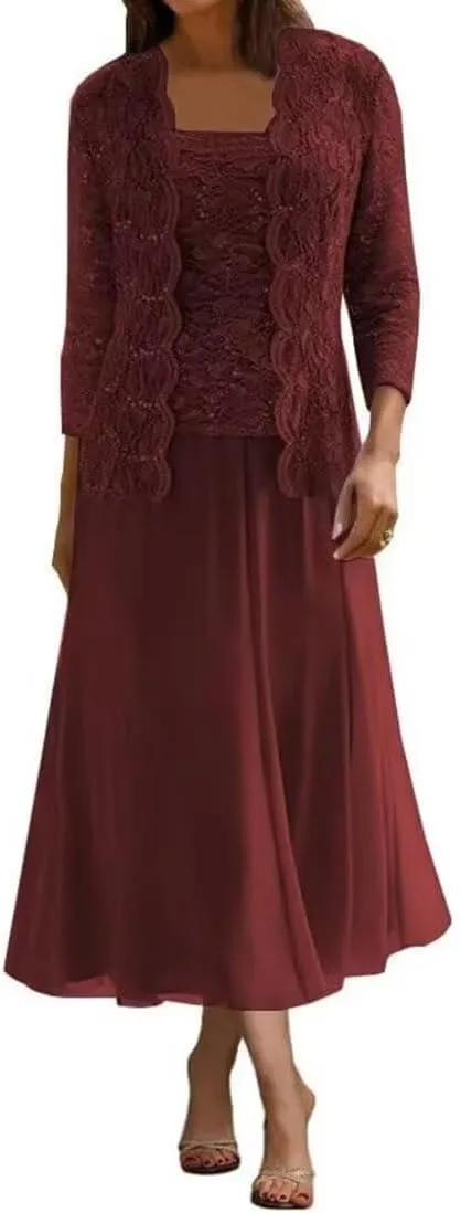 Mother of The Bride Dresses Chiffon Long Evening Formal Dress Wedding Guest Groom Dress Sequins Lace Jacket