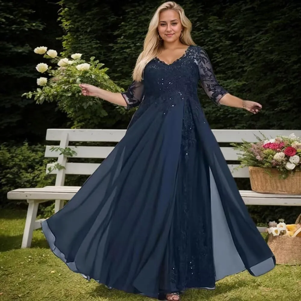 Mother of The Bride Dresses for Wedding 3/4 Sleeve Long Chiffon Lace V Neck Sequin Formal Evening Gowns