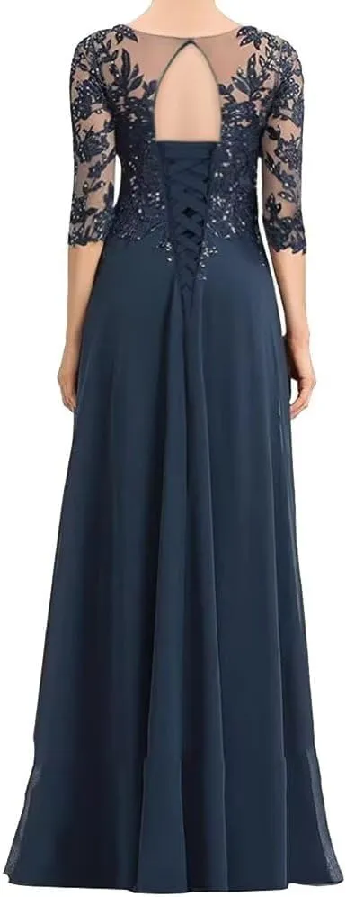 Mother of The Bride Dresses for Wedding 3/4 Sleeve Long Chiffon Lace V Neck Sequin Formal Evening Gowns