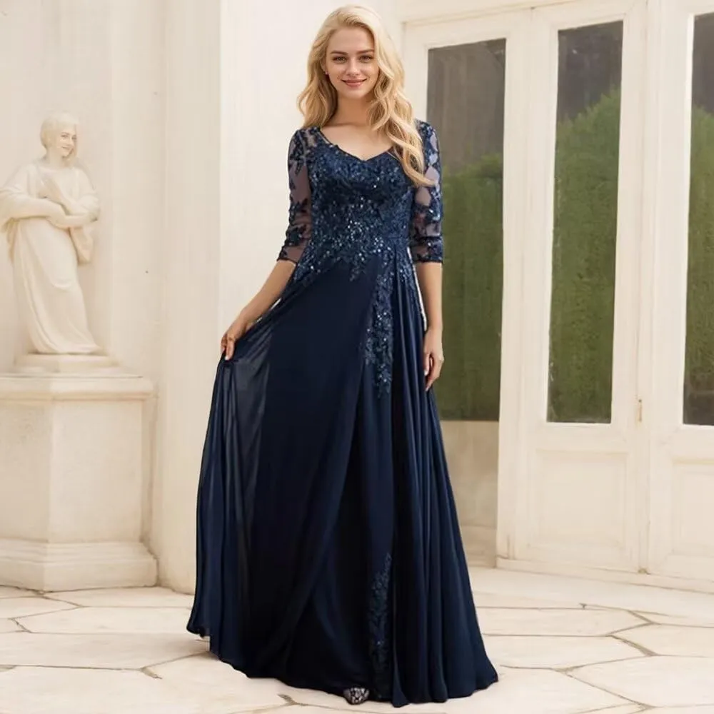 Mother of The Bride Dresses for Wedding 3/4 Sleeve Long Chiffon Lace V Neck Sequin Formal Evening Gowns