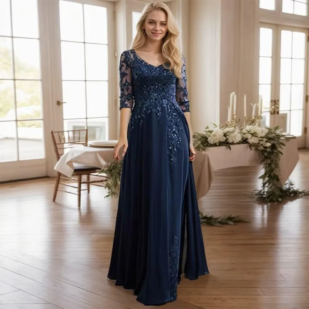 Mother of The Bride Dresses for Wedding 3/4 Sleeve Long Chiffon Lace V Neck Sequin Formal Evening Gowns