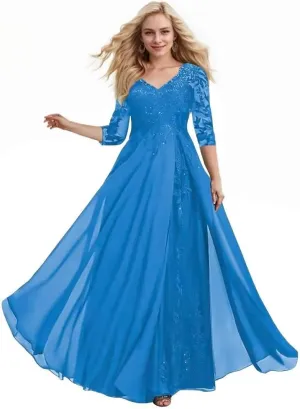 Mother of The Bride Dresses for Wedding 3/4 Sleeve Long Chiffon Lace V Neck Sequin Formal Evening Gowns