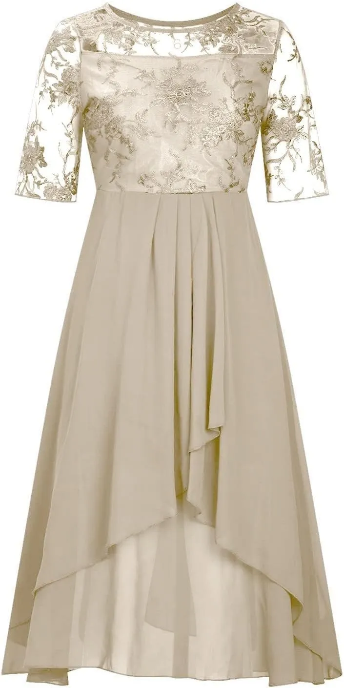 Mother of The Bride Dresses for Women Bohemian Embroidered Lace Crewneck Half Sleeve Chiffon Midi Dress Classy 80S Outfit