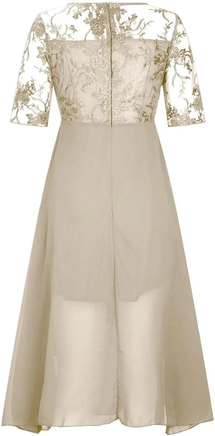 Mother of The Bride Dresses for Women Bohemian Embroidered Lace Crewneck Half Sleeve Chiffon Midi Dress Classy 80S Outfit