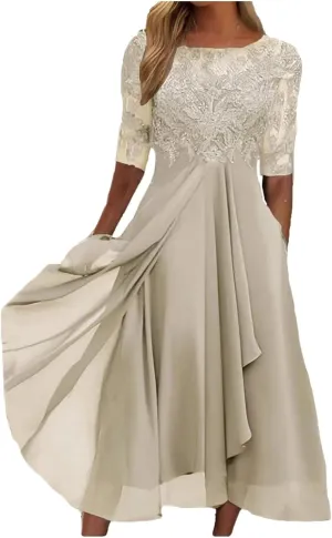 Mother of The Bride Dresses for Women Bohemian Embroidered Lace Crewneck Half Sleeve Chiffon Midi Dress Classy 80S Outfit