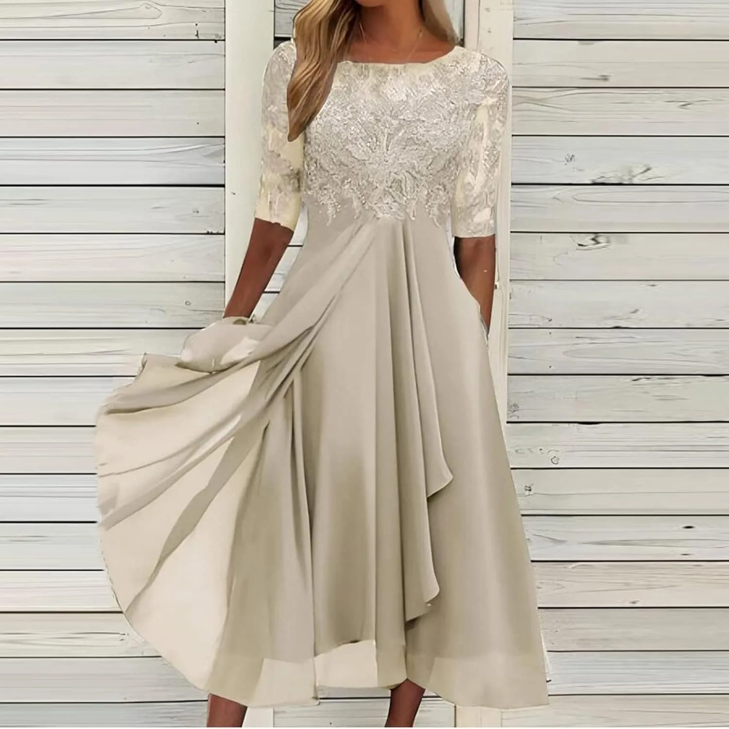 Mother of The Bride Dresses for Women Bohemian Embroidered Lace Crewneck Half Sleeve Chiffon Midi Dress Classy 80S Outfit