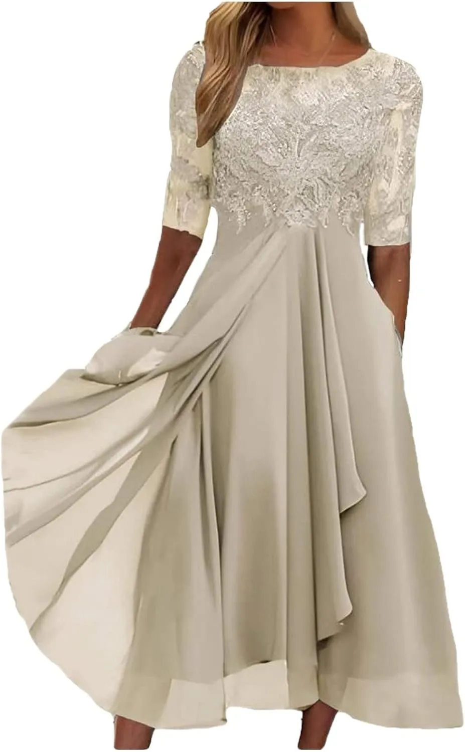 Mother of The Bride Dresses for Women Bohemian Embroidered Lace Crewneck Half Sleeve Chiffon Midi Dress Classy 80S Outfit