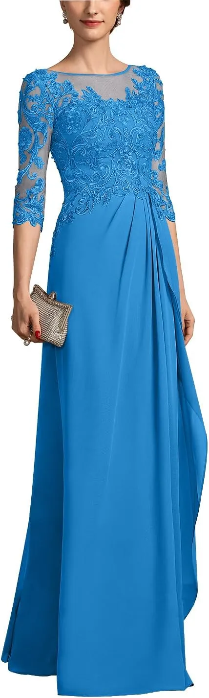 Mother of The Bride Dresses for Women Chiffon A-Line Scoop Illusion Evening Gowns with Beading Sequins ZXF006