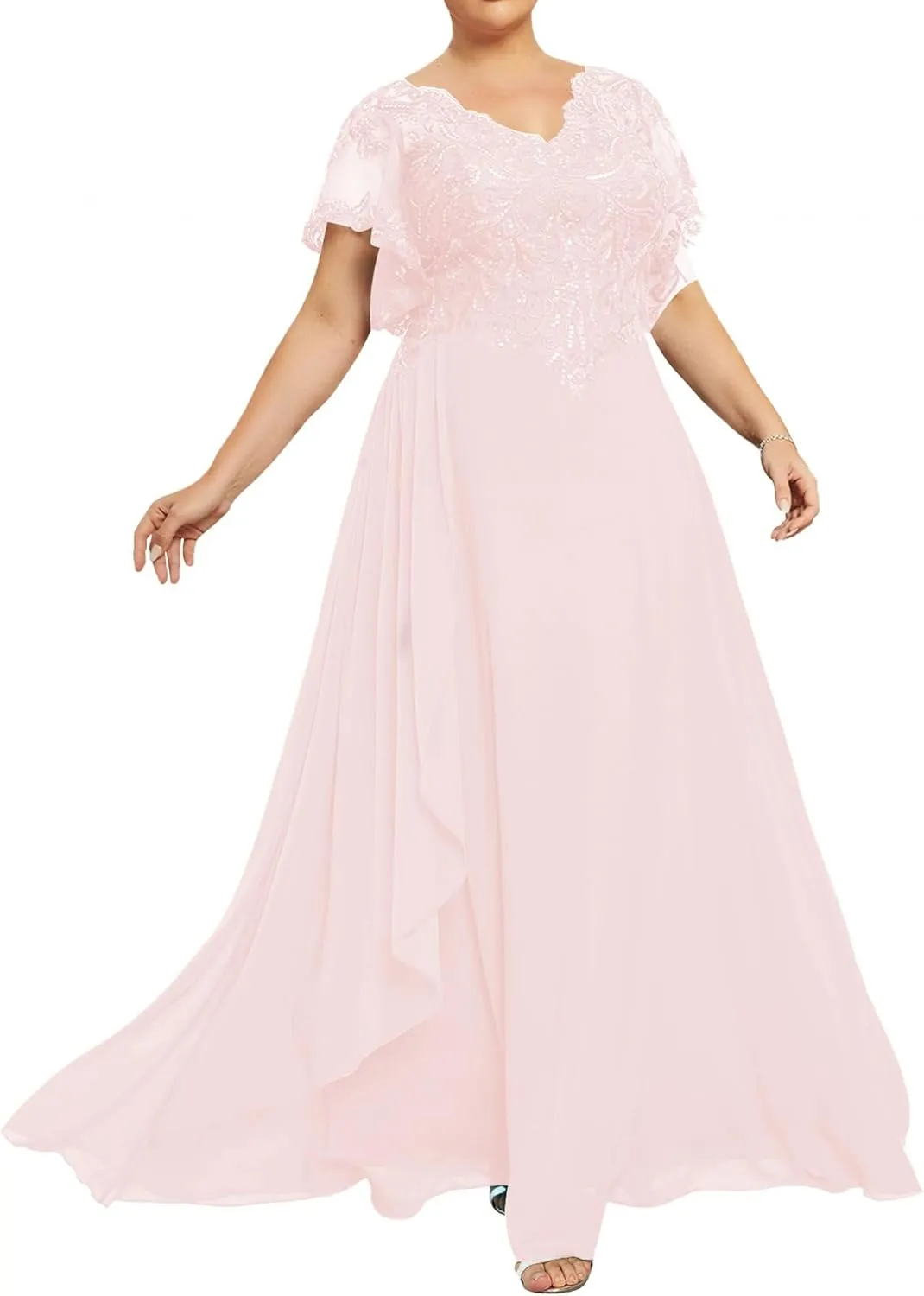 Mother of The Bride Dresses Plus Size Evening Dress V Neck Lace Long Formal Gowns with Sleeves