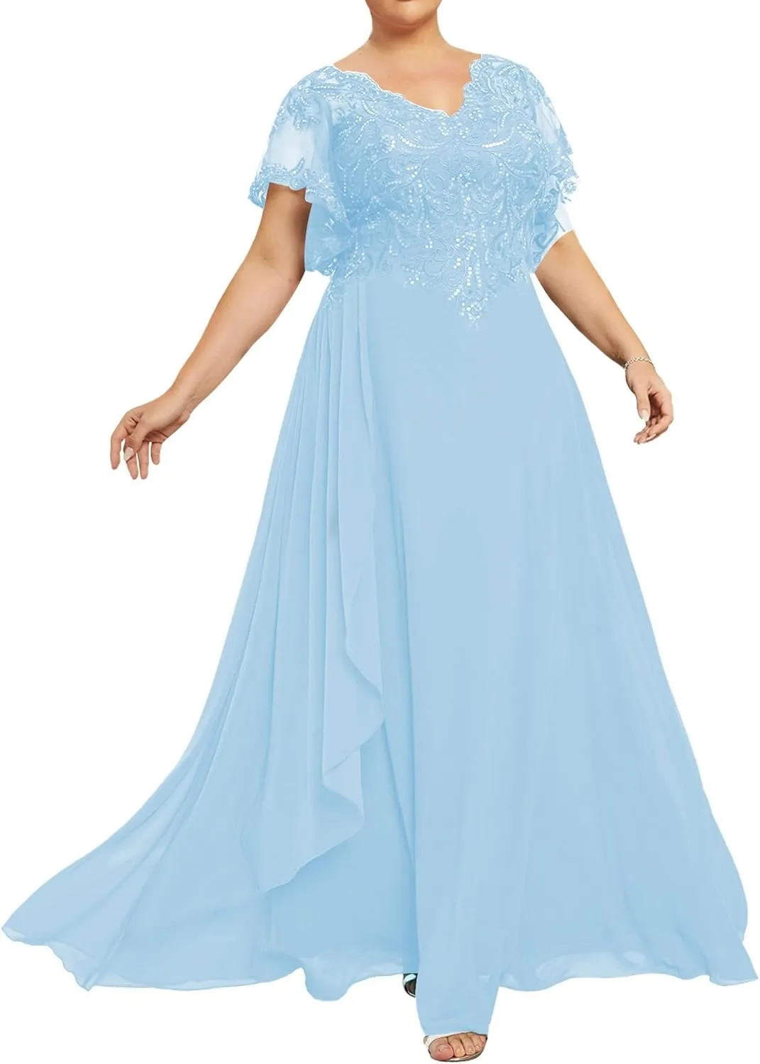 Mother of The Bride Dresses Plus Size Evening Dress V Neck Lace Long Formal Gowns with Sleeves