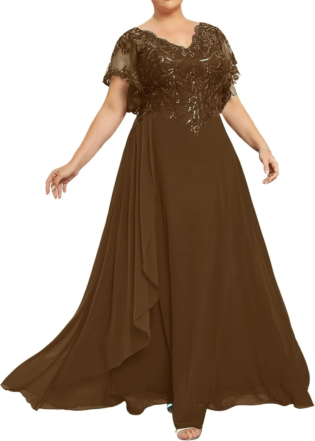 Mother of The Bride Dresses Plus Size Evening Dress V Neck Lace Long Formal Gowns with Sleeves