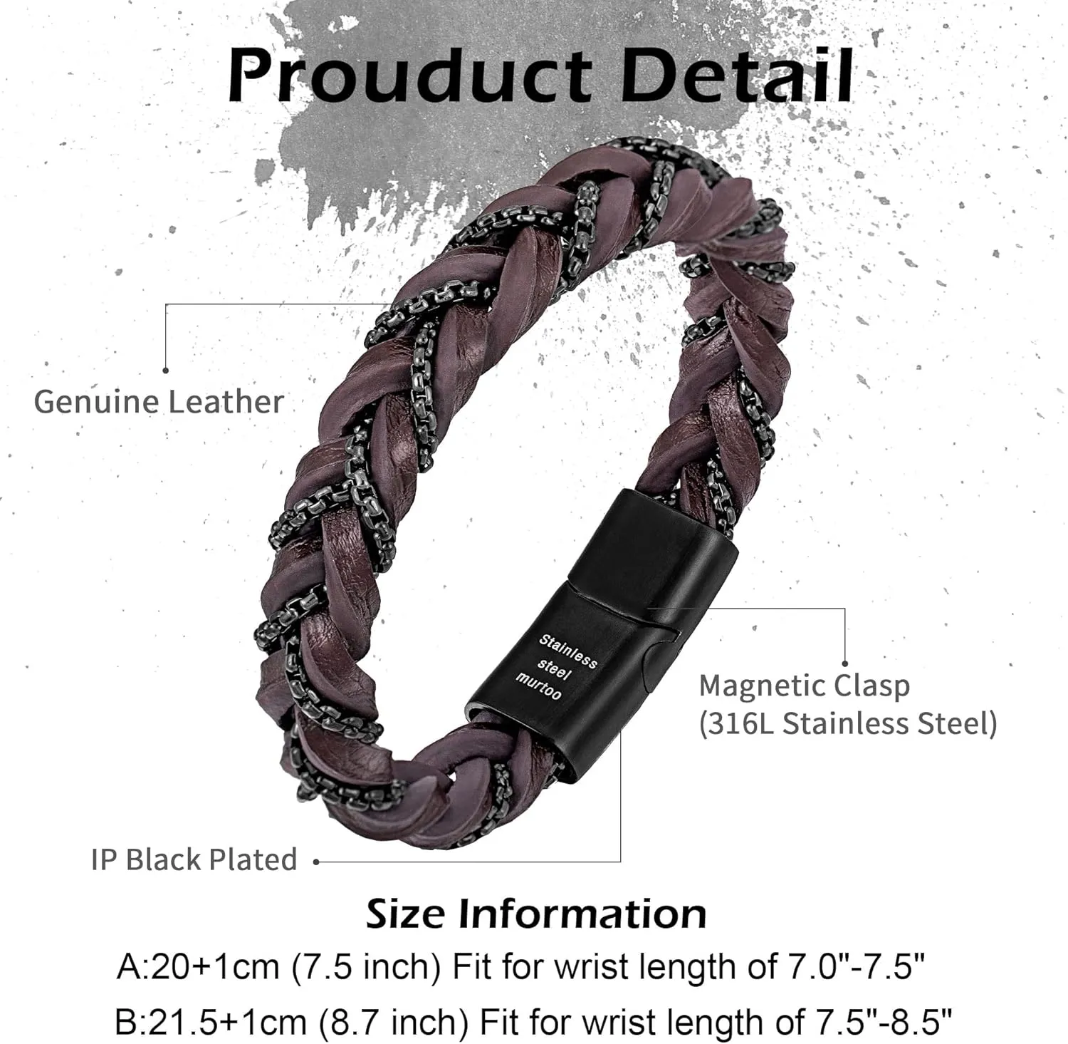 murtoo Shackles of Freedom Bracelets for Men, Mens Braided Leather Bracelets with Steel Chains and Magnetic Clasp, Stylish Gift for Men