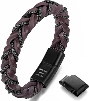 murtoo Shackles of Freedom Bracelets for Men, Mens Braided Leather Bracelets with Steel Chains and Magnetic Clasp, Stylish Gift for Men