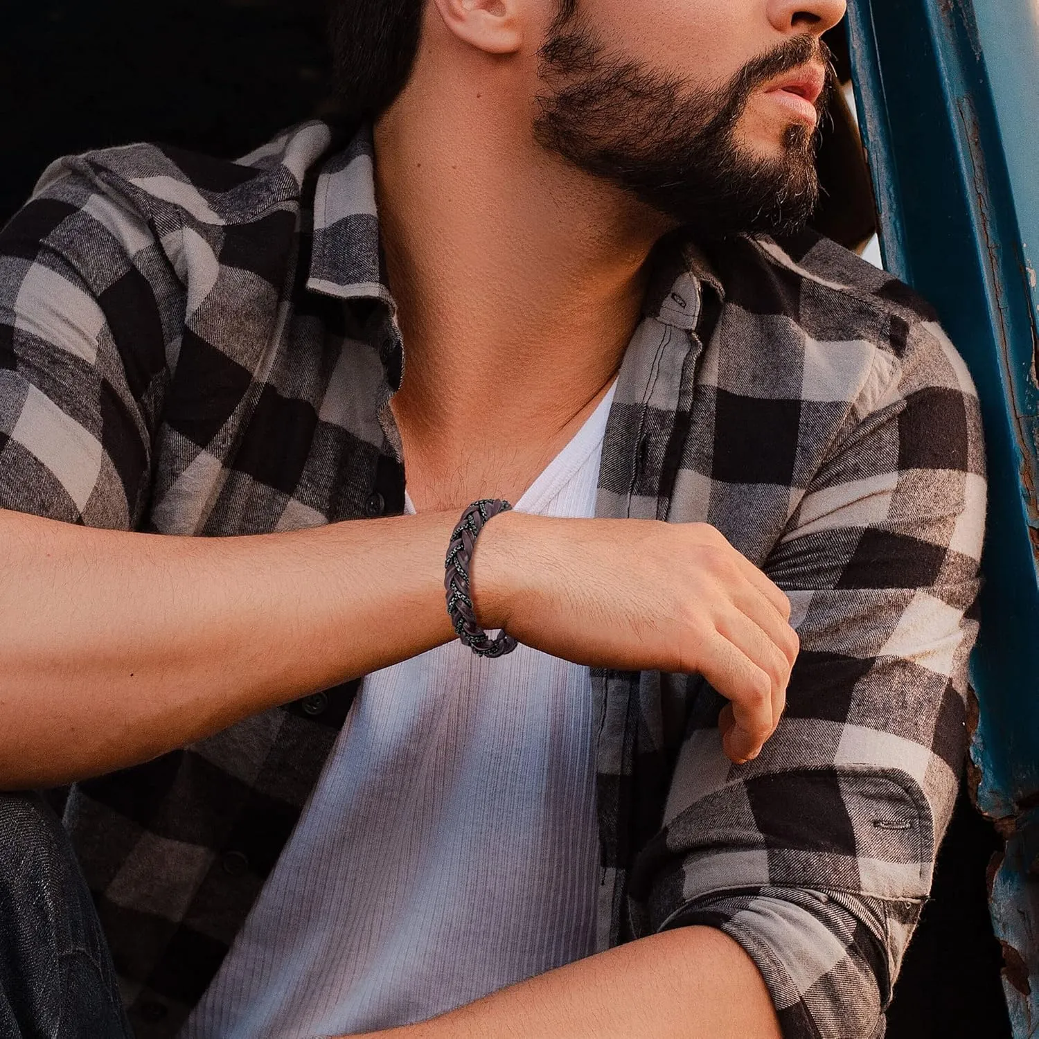 murtoo Shackles of Freedom Bracelets for Men, Mens Braided Leather Bracelets with Steel Chains and Magnetic Clasp, Stylish Gift for Men