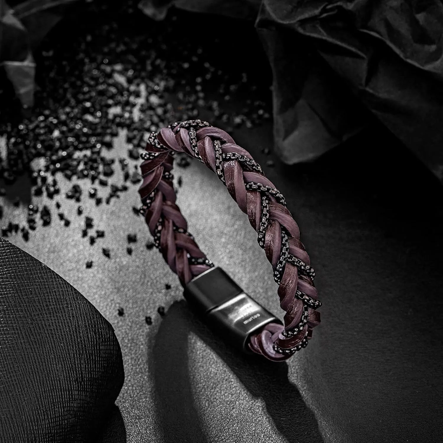 murtoo Shackles of Freedom Bracelets for Men, Mens Braided Leather Bracelets with Steel Chains and Magnetic Clasp, Stylish Gift for Men