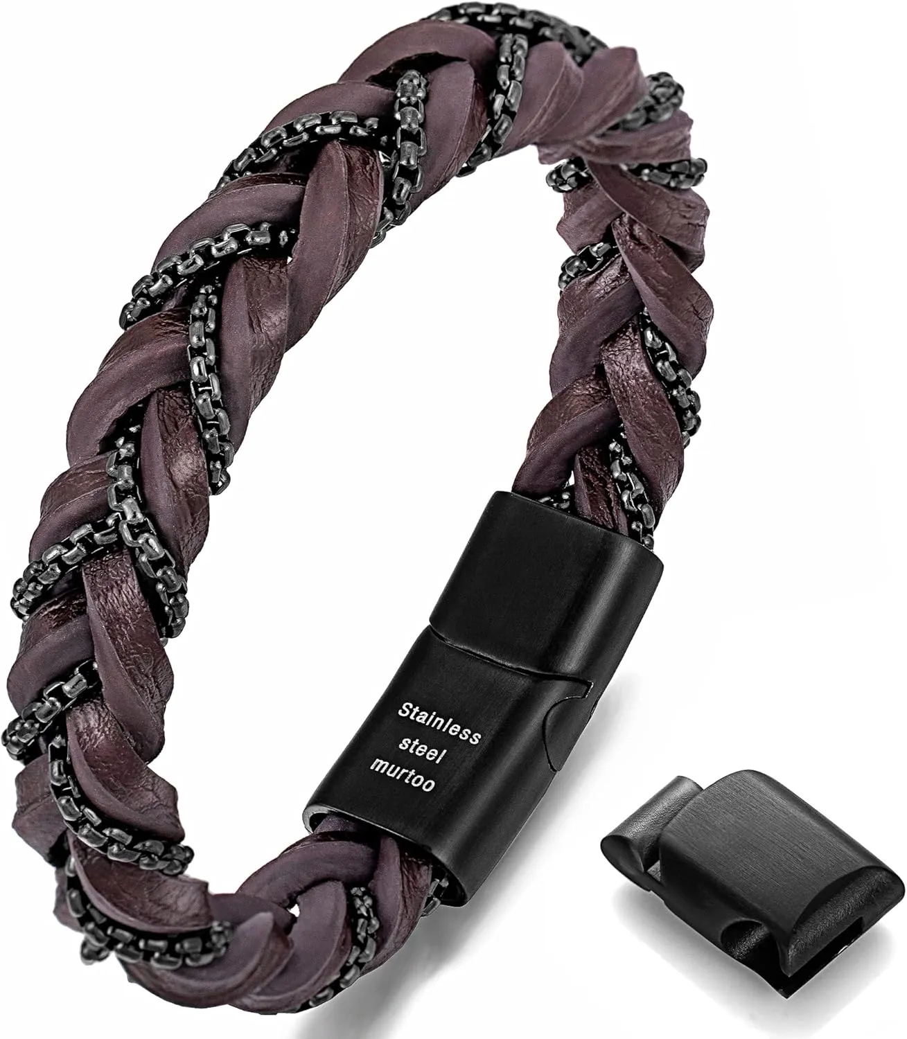 murtoo Shackles of Freedom Bracelets for Men, Mens Braided Leather Bracelets with Steel Chains and Magnetic Clasp, Stylish Gift for Men