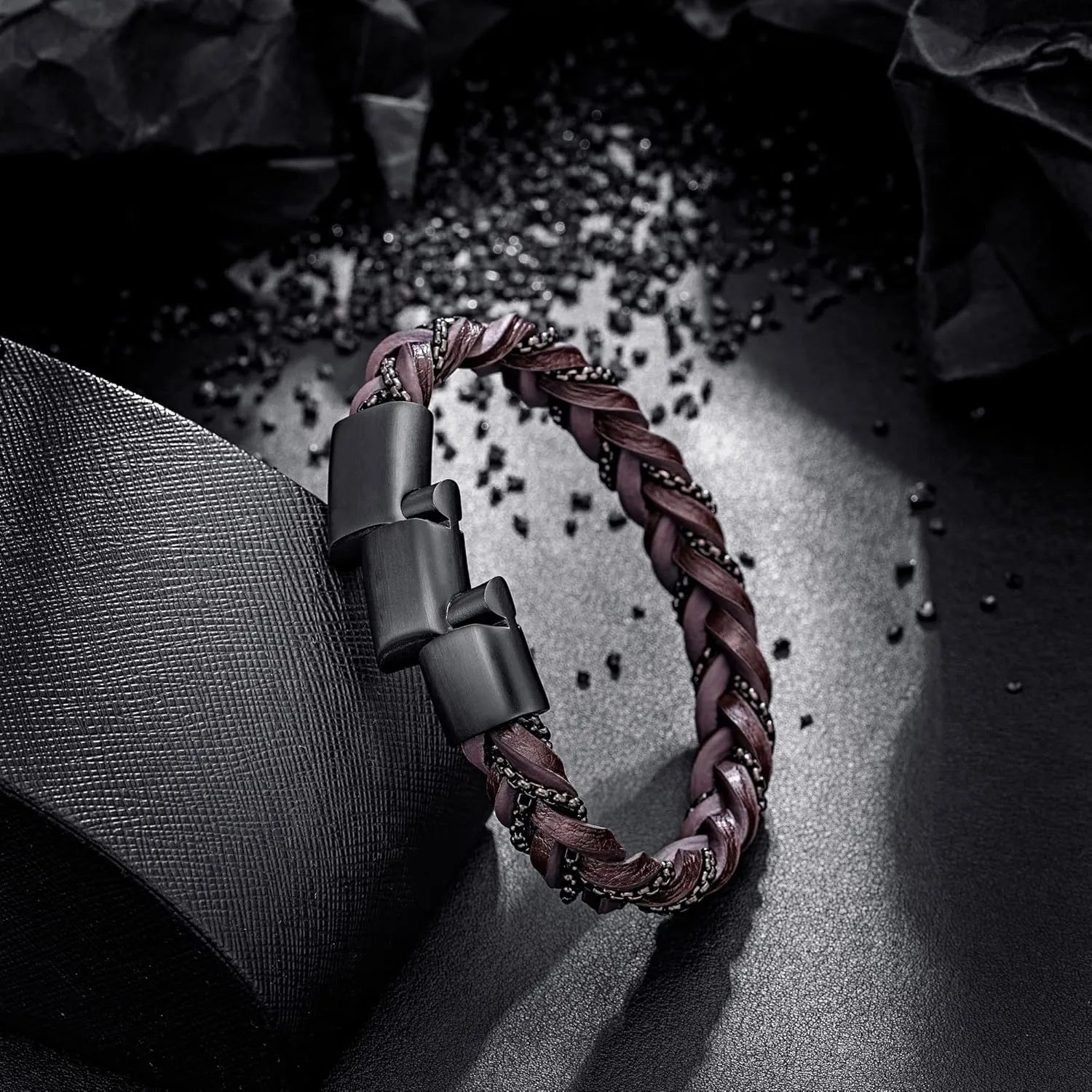 murtoo Shackles of Freedom Bracelets for Men, Mens Braided Leather Bracelets with Steel Chains and Magnetic Clasp, Stylish Gift for Men