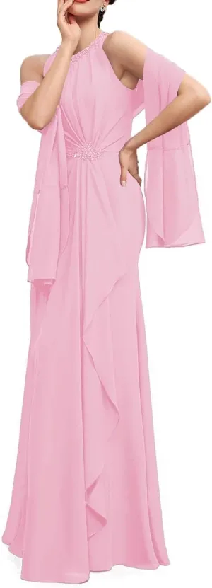NABN Mother of The Bride Dresses 2Pcs with Rhinestone Buckle Wedding Guest Dresses with Jacket Formal Evening Dresses Chiffon