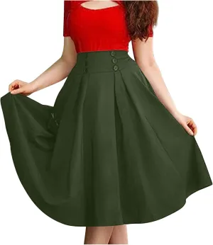 NATHGAM Womens Plaid Skirt Retro High Waist Pleated Skirt with Pockets Button Decoration Plus Size Skirt Victorian Midi Skirt